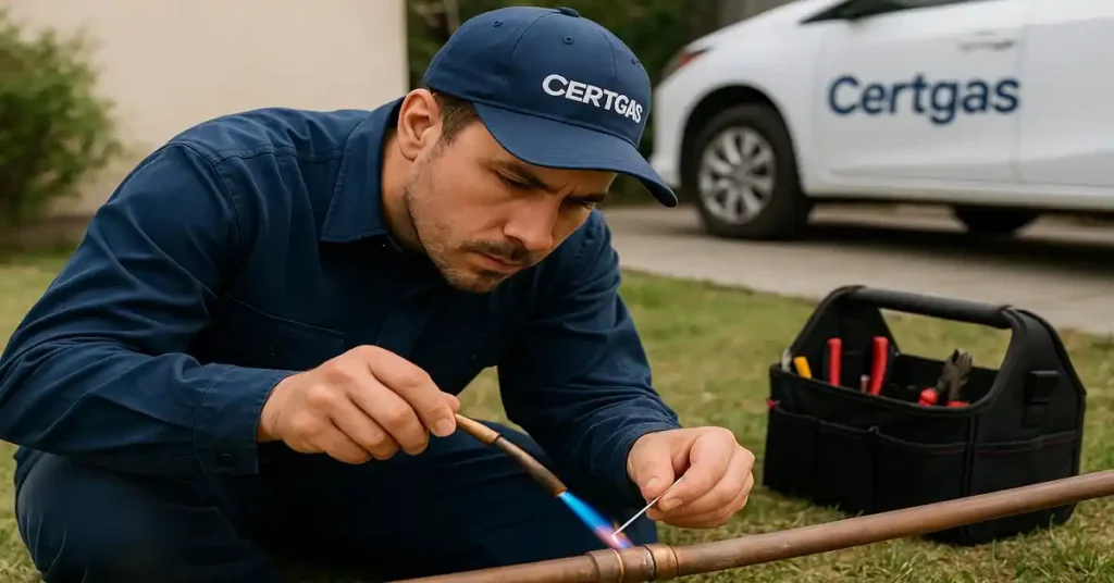 Técnico de Certgas agachado soldando una cañería de gas en el jardín de una casa, usando soplete y barra de soldadura junto a su caja de herramientas y vehículo de la empresa.