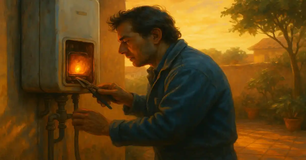 Gasfiter reparando un calefón antiguo en un patio al atardecer, iluminado por una brasa interna que crea un ambiente de realismo mágico